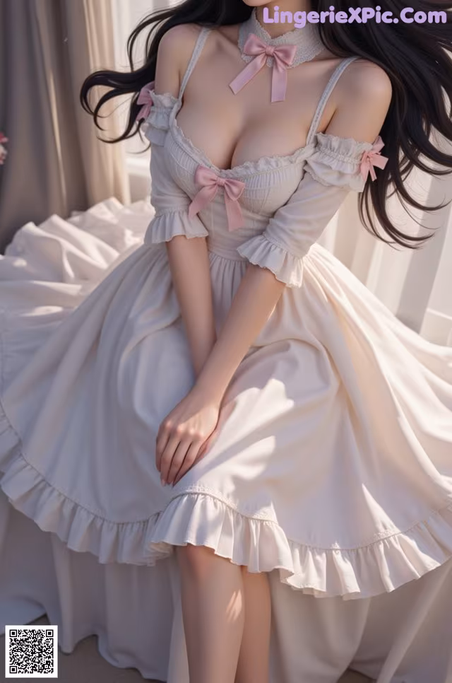 a woman in a white dress sitting on a chair