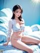 A woman in a white bikini sitting on a bed.