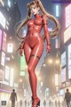 A woman in a red latex outfit standing in the middle of a city.